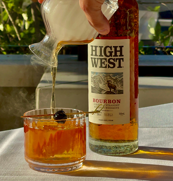 Smoked old fashioned made with High West bourbon, Angostura bitters, and a housemade five-spice syrup